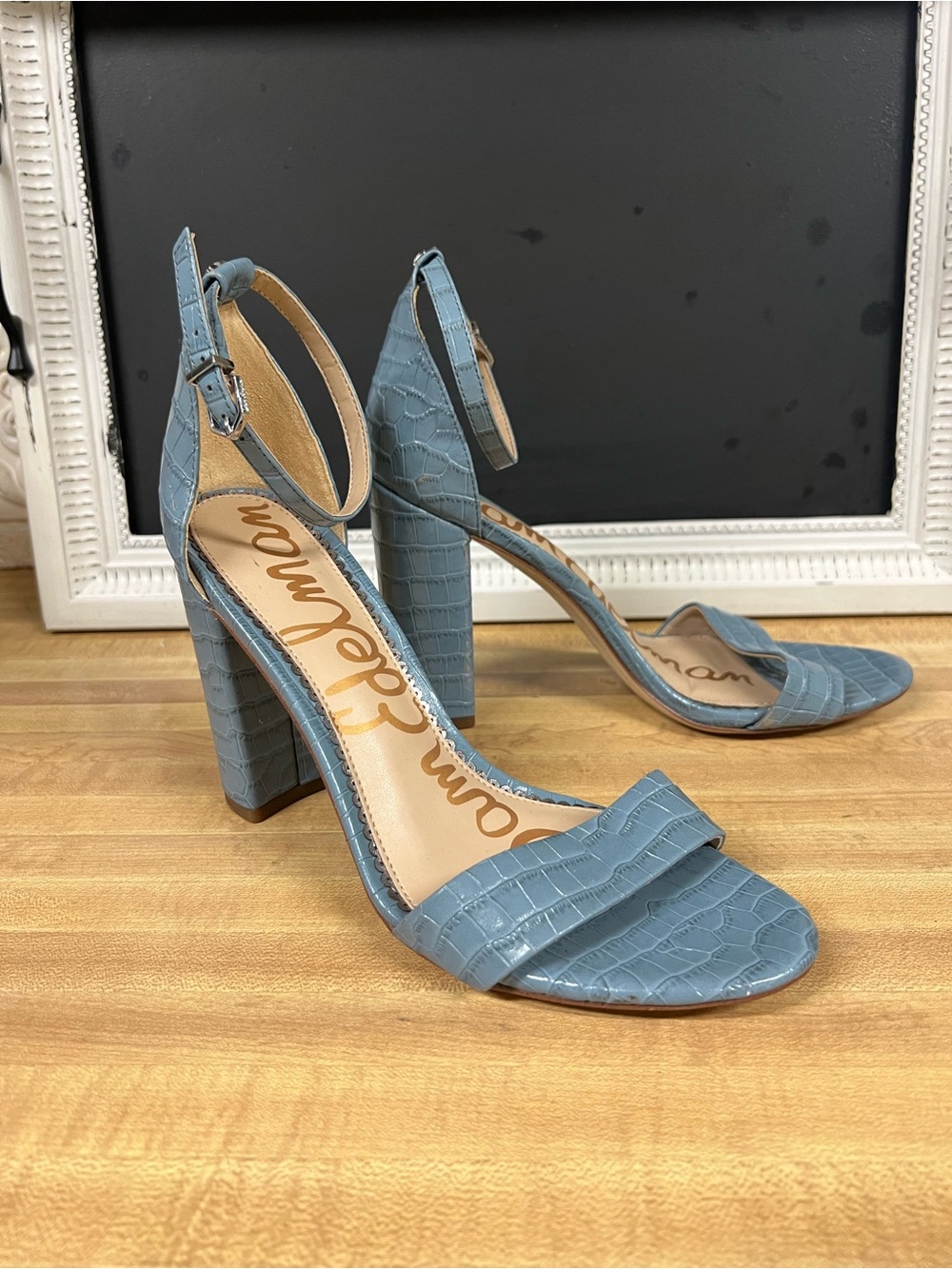 Sam Edelman Light Blue Croc-Embossed Block Heel Sandals